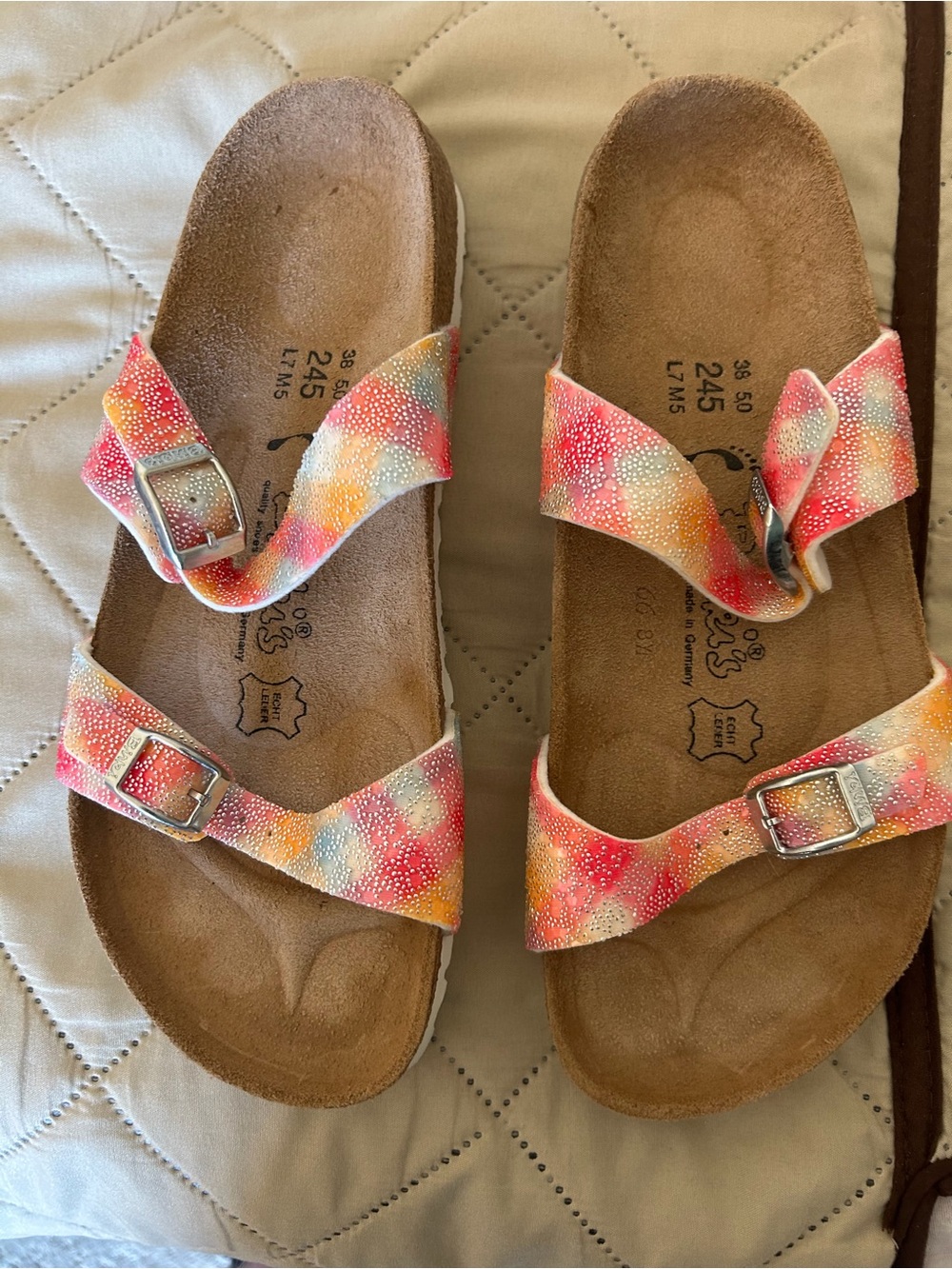 Birkenstock Multicolor Dot Strap Sandals in Coral, Yellow, Blue